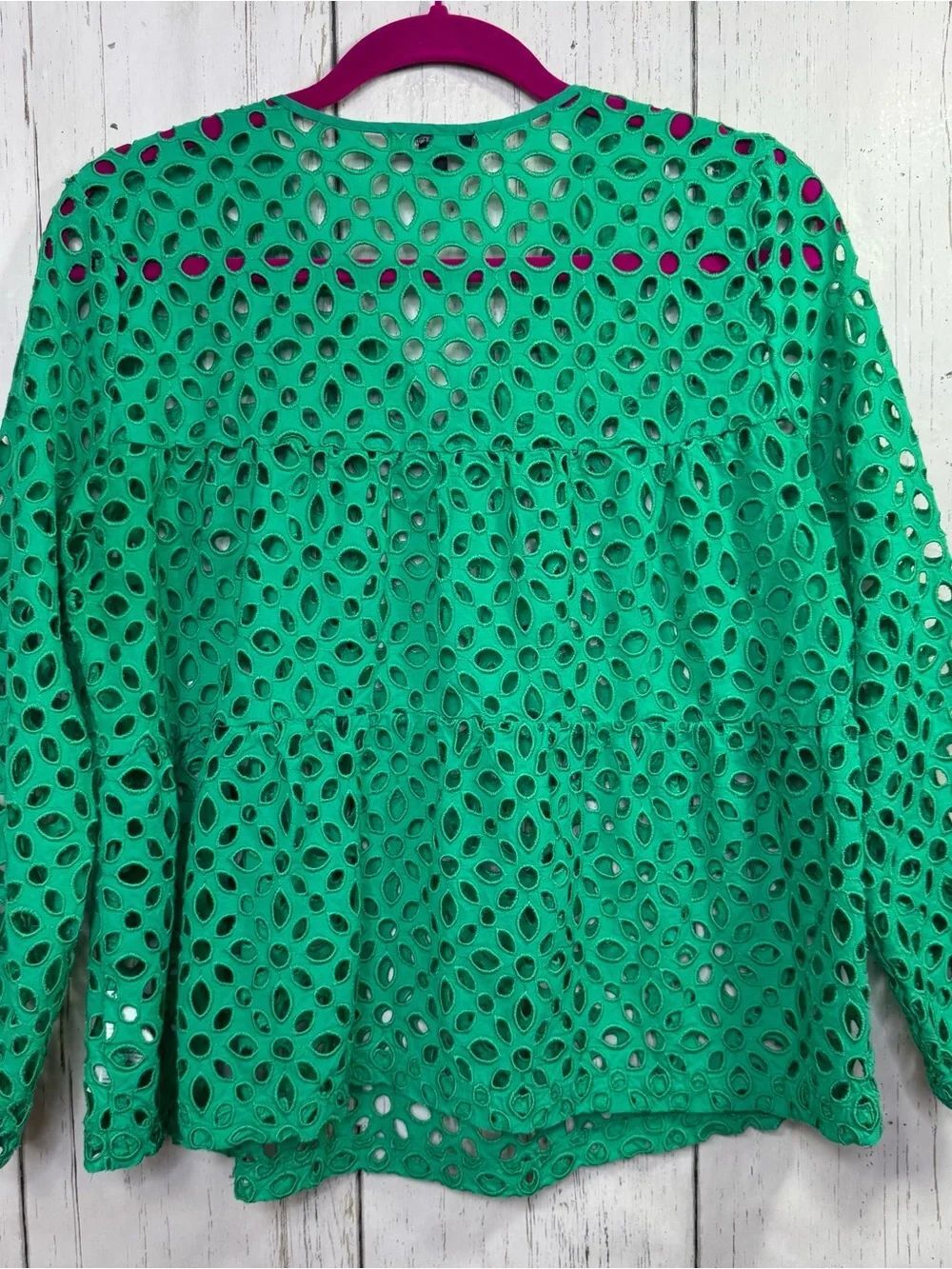 J.Crew Green Eyelet Lace Boho Peasant Blouse Cottagecore Resort Coastal Top M - Picture 10 of 13